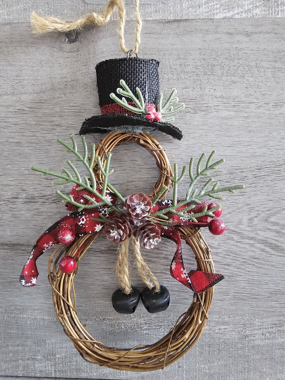 Rustic Bell Snowman Door Hanger Pine & Holly Berries 8" Farmhouse Christmas 262a